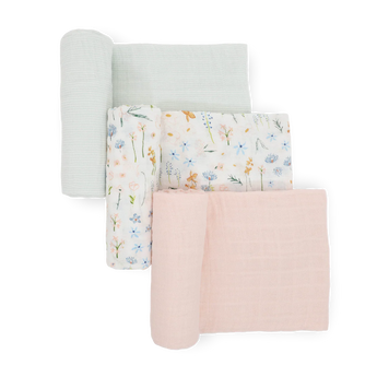 Little Unicorn Cotton Muslin Swaddle 3 Pack - Pastel Petals: pale green, pink & white with hand-painted floral prints.