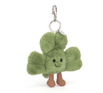 Jellycat Bag Charm Siofra Shamrock: plush green shamrock keychain with a smile and keyring—adorable accessory from Jellycat!.