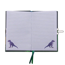 Load image into Gallery viewer, Open the Scented Secret Diary by Floss and Rock to find lined pages with purple dinosaur illustrations and a charming green ribbon bookmark.