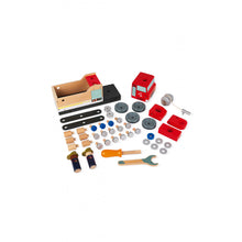 Load image into Gallery viewer, Janod Juratoys Fire Truck kit with red blocks, wheels, screws, blue toolbox. Includes wrench & screwdriver.