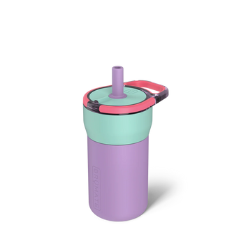 Brumate Leap 12oz Stardust: pastel kids' tumbler with handle, mint lid, pink rim & leakproof straw.