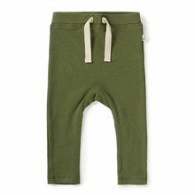 Load image into Gallery viewer, Snuggle Hunnys Organic Pants in Olive feature a ribbed texture with a beige drawstring, made from certified organic cotton.