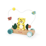 Pull-Along Jaguar wooden toy featuring a bead maze with a butterfly and a flower.