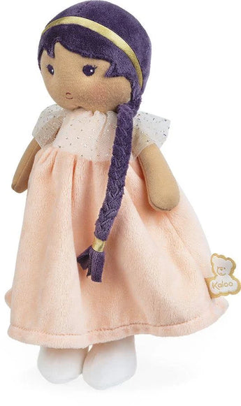 Tendresse, Iris K Doll Large, a plush princess doll with dark purple hair in a side braid, wearing a peach-colored dress.