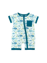 Load image into Gallery viewer, Emerson and Friends Shark Friends romper features whimsical sharks and seaweed, with teal trim, snap closure, and a cozy front pocket.