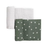 Little Unicorn Organic Cotton Muslin Swaddle 2 Pack—sage sun + gray stripe—shown folded on a white background.