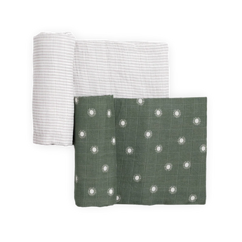 Little Unicorn Organic Cotton Muslin Swaddle 2 Pack—sage sun + gray stripe—shown folded on a white background.