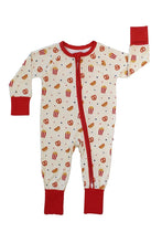 Load image into Gallery viewer, Emerson and Friends Sleeper: Here For the Snacks. A soft onesie with red trim, snack print, two-way zipper, and red cuffs on sleeves/legs.