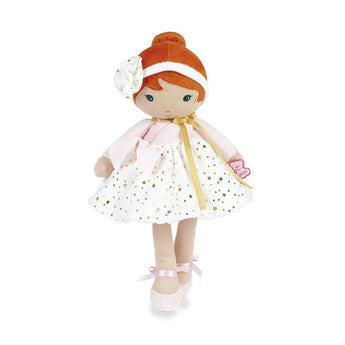Tendresse, Valentine K Doll Large: 12-inch plush ballerina with red hair, pink cardigan, star-patterned white skirt, and pink slippers.