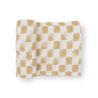 Little Unicorn Cotton Swaddle, Adobe Checker: white muslin with hand-painted style brown grid squares, perfect for baby.