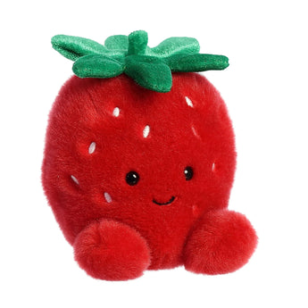 Aurora Palm Pals Juicy Strawberry: a sweet plush with green leaves, white seeds, and a smile—adorable as a romantic gift!.