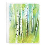 Gina B Designs Blank Card, Birch Grove, featuring a watercolor painting of a birch tree grove in shades of green and blue.