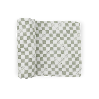 Little Unicorn Organic Cotton Muslin Swaddle in Green Checker, GOTS certified, features subtle textured details.