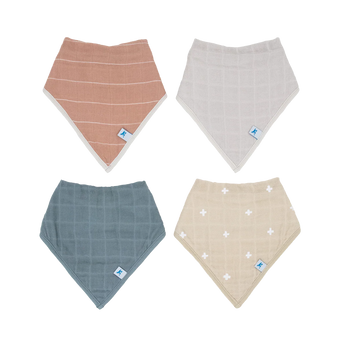 Little Unicorn Cotton Muslin/Fleece Bib 4 Pack-Mauve Stripe: four absorbent bibs in muted pink, gray, blue, and beige with unique patterns.