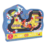 Floss and Rocks 80 Piece Puzzle, Cars features race cars on a Formula One track with checkered flags and ZOOM text.