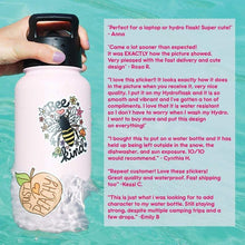 Load image into Gallery viewer, A Turtle Soup pink bottle with bee and peach designs, featuring scratch-resistant Desert Dweller Big Foot stickers, shines by the pool.