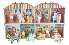 Load image into Gallery viewer, Floss and Rocks Rainbow Fairy Playhouse: A vibrant, portable dollhouse with unicorns, llamas, striped roof & cut-out characters!.