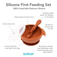 Load image into Gallery viewer, Infographic of Bumkins Silicone First Feeding Set: 100% food-safe platinum silicone, clear silicone lid, suction base, double-ended spoon.