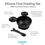 Infographic of Bumkins Silicone First Feeding Set: 100% food-safe platinum silicone, suction base, spoon safe for teething babies.