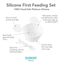 Load image into Gallery viewer, Infographic of Bumkins Silicone First Feeding Set: 100% food-safe platinum silicone, suction base, spoon safe for teething babies.