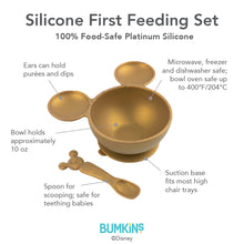 Load image into Gallery viewer, Infographic of Bumkins Silicone First Feeding Set: 100% food-safe platinum silicone, suction base, spoon safe for teething babies.