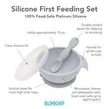 Load image into Gallery viewer, Infographic of Bumkins Silicone First Feeding Set: 100% food-safe platinum silicone, clear silicone lid, suction base, double-ended spoon.