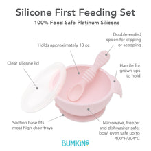 Load image into Gallery viewer, Infographic of Bumkins Silicone First Feeding Set: 100% food-safe platinum silicone, clear silicone lid, suction base, double-ended spoon.