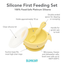 Load image into Gallery viewer, Infographic of Bumkins Silicone First Feeding Set: 100% food-safe platinum silicone, clear silicone lid, suction base, double-ended spoon.