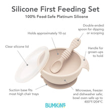 Load image into Gallery viewer, Infographic of Bumkins Silicone First Feeding Set: 100% food-safe platinum silicone, clear silicone lid, suction base, double-ended spoon.