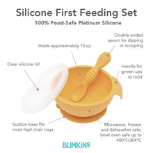 Load image into Gallery viewer, Infographic of Bumkins Silicone First Feeding Set: 100% food-safe platinum silicone, clear silicone lid, suction base, double-ended spoon.