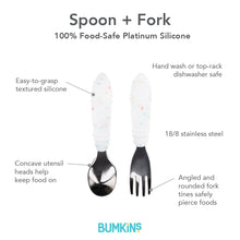 Load image into Gallery viewer, Infographic of Bumkins Spoon + Fork: Vanilla Sprinkle: 100% food-safe platinum silicone, easy-to-grasp textured silicone, 18/8 stainless steel.