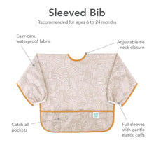 Load image into Gallery viewer, Infographic of Bumkins Sleeved Bib: recommended for ages 6-24 months, easy-care waterproof fabric, adjustable tie closure, catch-all pocket.