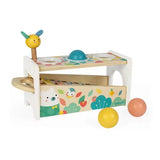 Janod Juratoys Wooden Xylophone for kids features a yellow bird and colorful illustrations—a perfect skill game with red, yellow & green balls.