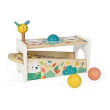 Load image into Gallery viewer, Janod Juratoys Wooden Xylophone for kids features a yellow bird and colorful illustrations—a perfect skill game with red, yellow & green balls.