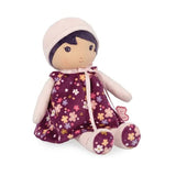 Tendresse, Violette Doll Large is a soft plush rag doll with black hair, a beige cap, and a purple floral dress.