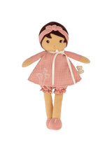 A Janod Juratoys Tendresse, Amandine Doll Large with dark hair, a pink headband, dress, bloomers, and a customizable name ribbon.