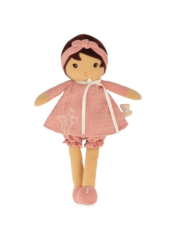 A Janod Juratoys Tendresse, Amandine Doll Large with dark hair, a pink headband, dress, bloomers, and a customizable name ribbon.