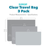 Bumkins Clear Travel Bag 3 Pack with dimensions—9.5 in (24 cm) by 8.5 in (22 cm), 9 in (23 cm) by 7.5 in (19 cm), 9 in (23 cm) by 5 in (13 cm).