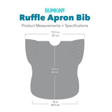 Gray Silhouette of Bumkins Ruffle Apron Bib with dimensions—width: 15.5 in (39 cm), height: 13.5 in (34 cm), bottom width: 12 in (30.5 cm).