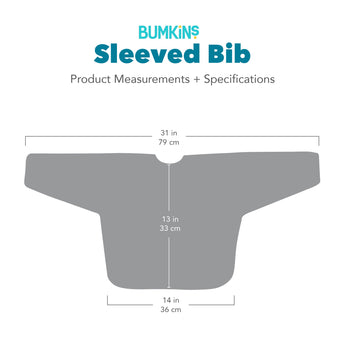 Gray Silhouette of Bumkins Sleeved Bib with dimensions—width: 31 in (79 cm), height: 13 in (33 cm), bottom width: 14 in (36 cm).