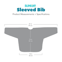 Load image into Gallery viewer, Gray Silhouette of Bumkins Sleeved Bib with dimensions—width: 31 in (79 cm), height: 13 in (33 cm), bottom width: 14 in (36 cm).
