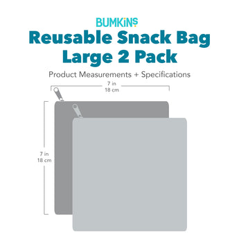 Gray silhouette of Bumkins Reusable Snack Bag, Large 2 Pack with dimensions—width: 7 in (18 cm), height: 7 in (18 cm).