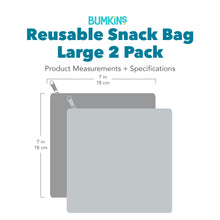 Load image into Gallery viewer, Gray silhouette of Bumkins Reusable Snack Bag, Large 2 Pack with dimensions—width: 7 in (18 cm), height: 7 in (18 cm).