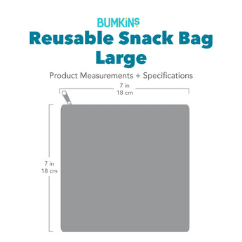 Gray silhouette of Bumkins Reusable Snack Bag Large with dimensions—width: 7 in (17.78 cm), height: 7 in (17.78 cm).