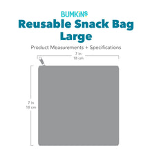 Load image into Gallery viewer, Gray silhouette of Bumkins Reusable Snack Bag Large with dimensions—width: 7 in (17.78 cm), height: 7 in (17.78 cm).