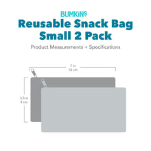 Load image into Gallery viewer, Gray silhouette of Bumkins Reusable Snack Bag, Small 2 Pack with dimensions—width: 7 in (18 cm), height: 4 in (10 cm).