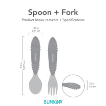 Load image into Gallery viewer, Gray silhouette of Bumkins Spoon + Fork with dimensions—width: .95 in (2.41 cm), height: 5.5 in (13.97 cm), depth: .75 in (1.9 cm).