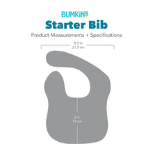 Load image into Gallery viewer, Gray silhouette of Bumkins Starter Bib with dimensions—width: 8.5 in (21.5 cm), height from neck: 6 in (15 cm).