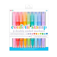 Load image into Gallery viewer, OOLYs Confetti Stamp Markers, a pack of 9, feature colorful caps with multi-shaped and fine tips for creating cute art.
