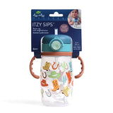 Itzy Ritzy Itzy Sips, Giddy Up! sippy cup with teal lid, Western prints & handles—ideal for ages 6+ months.